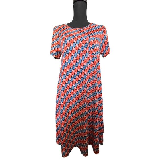 LuLaRoe LLR Carly Dress Size XS Blue/orange geo pattern short sleeved hi/lo cut - Picture 1 of 6